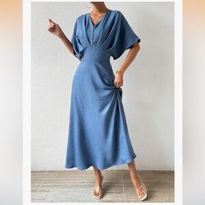 NWT DOSE Blue Fit-and-Flare ruched (pleated) detailed on top Midi Dress size M